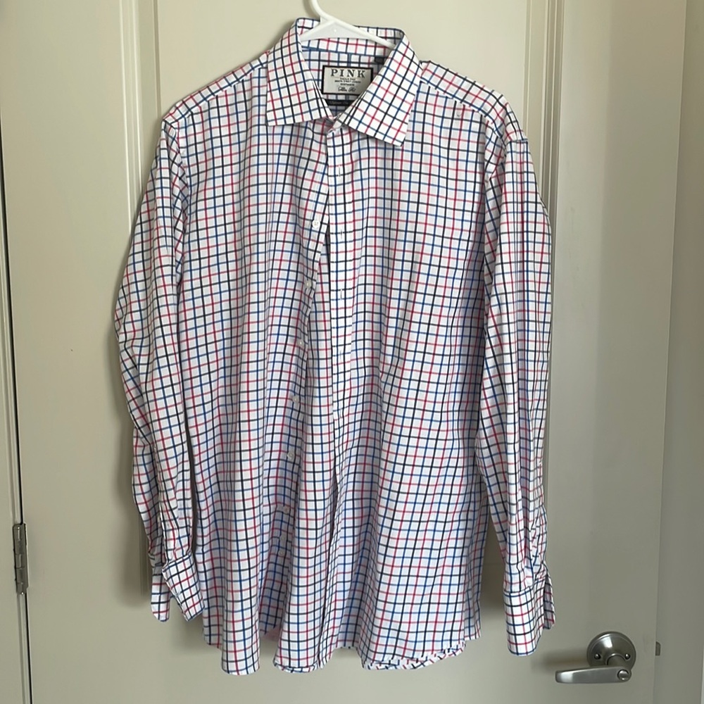 Thomas Pink dress shirt white with red, blue, and black gingham 17 x 35